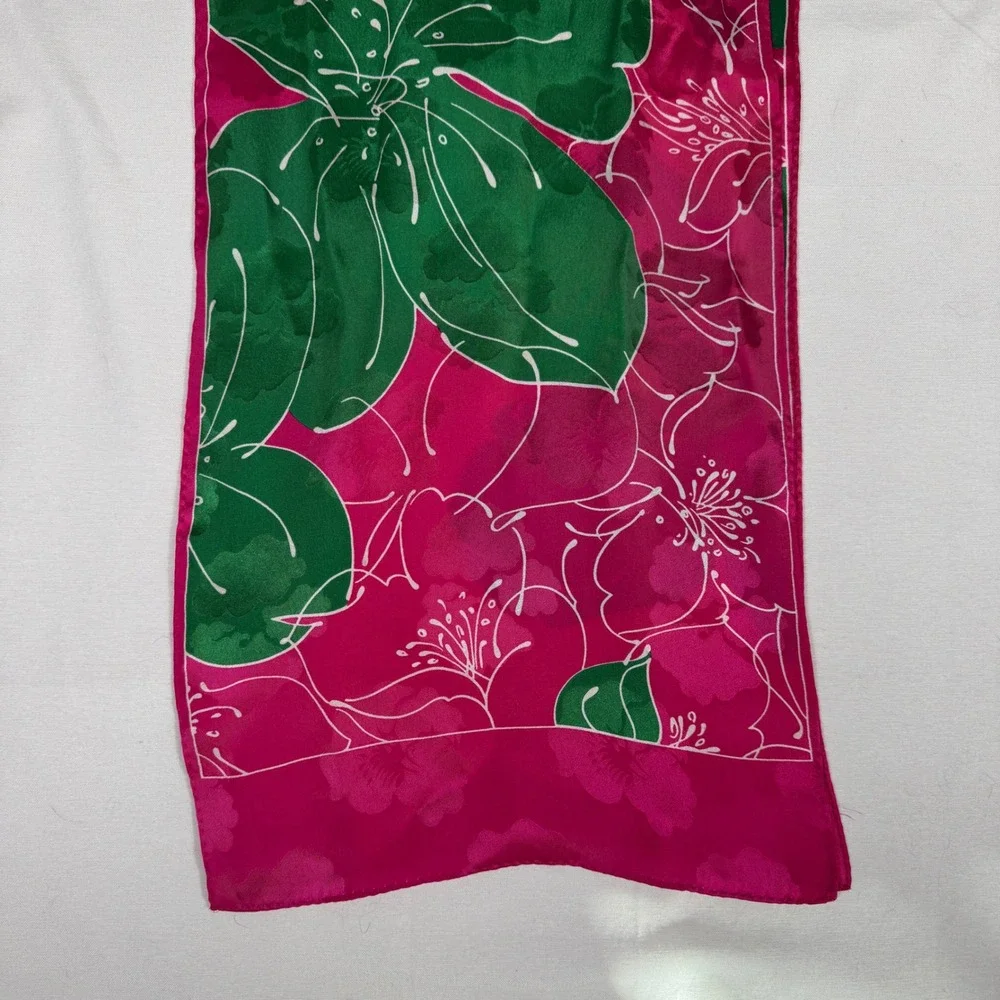 Ginnie Johnson Pink Hibiscus Floral Silk‎ Scarf Tropical Botanical Signed 61x11